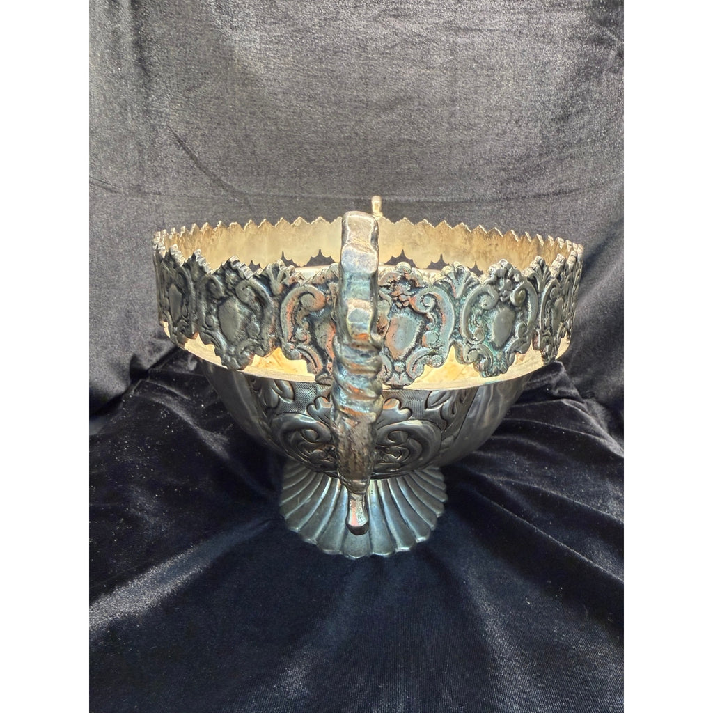 Large Victorian Revival Silver Tone Centerpiece Bowl Grapevine Handles