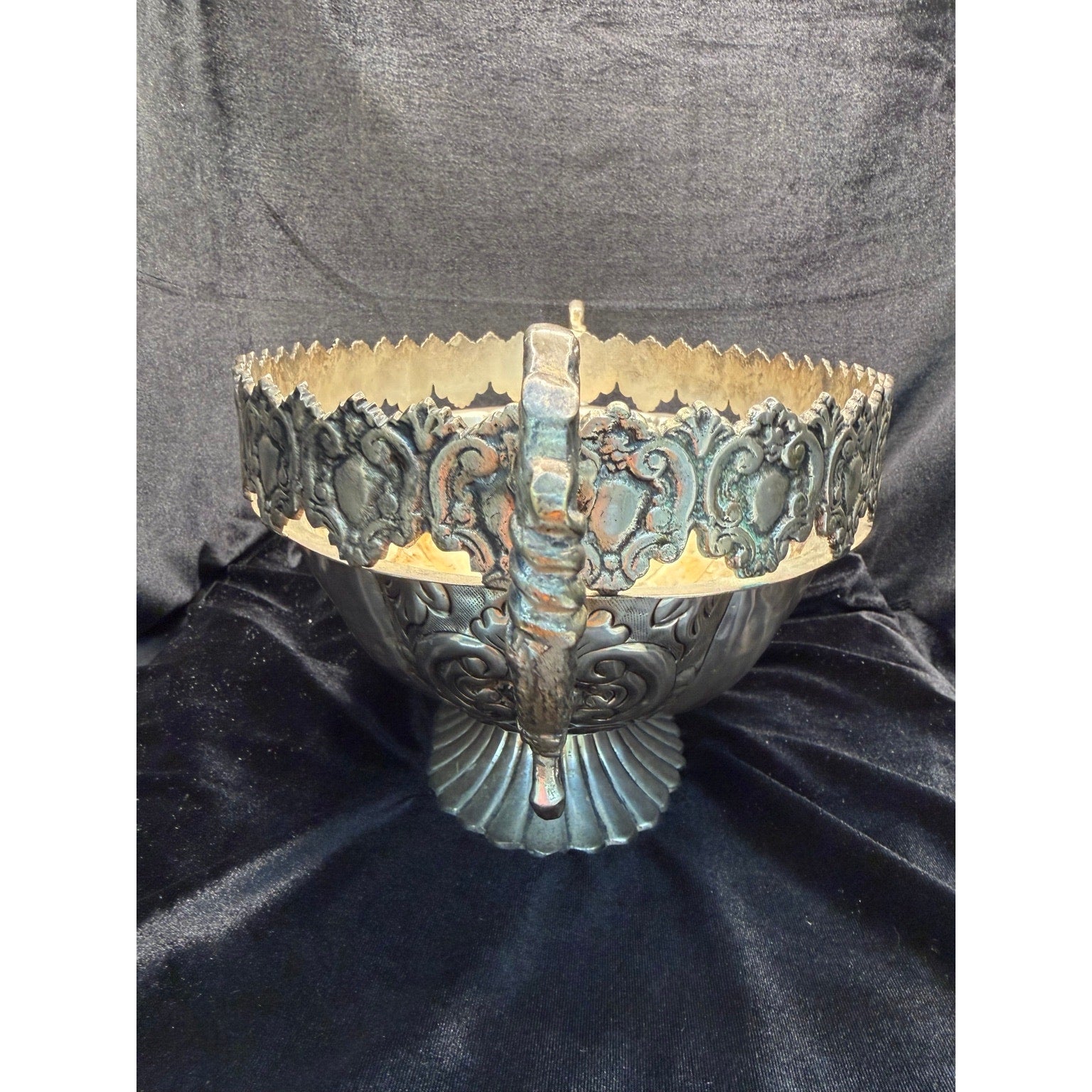 Large Victorian Revival Silver Tone Centerpiece Bowl Grapevine Handles
