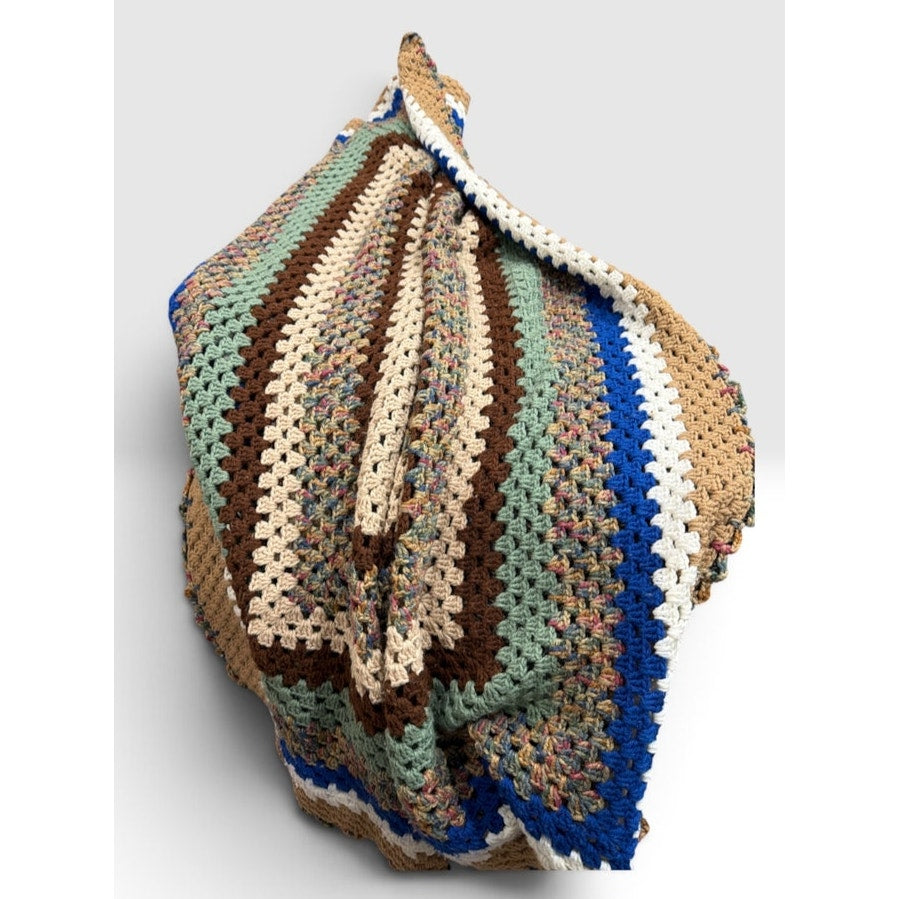 Handmade Crochet Afghan Blanket Sage Cobalt Earth Tones 62 x 62 – additional view 9