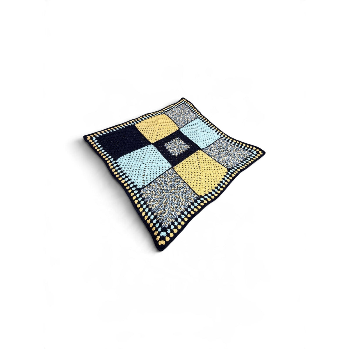 Handmade Crochet Patchwork Afghan Blanket Navy Blue Tan 45 x 45
