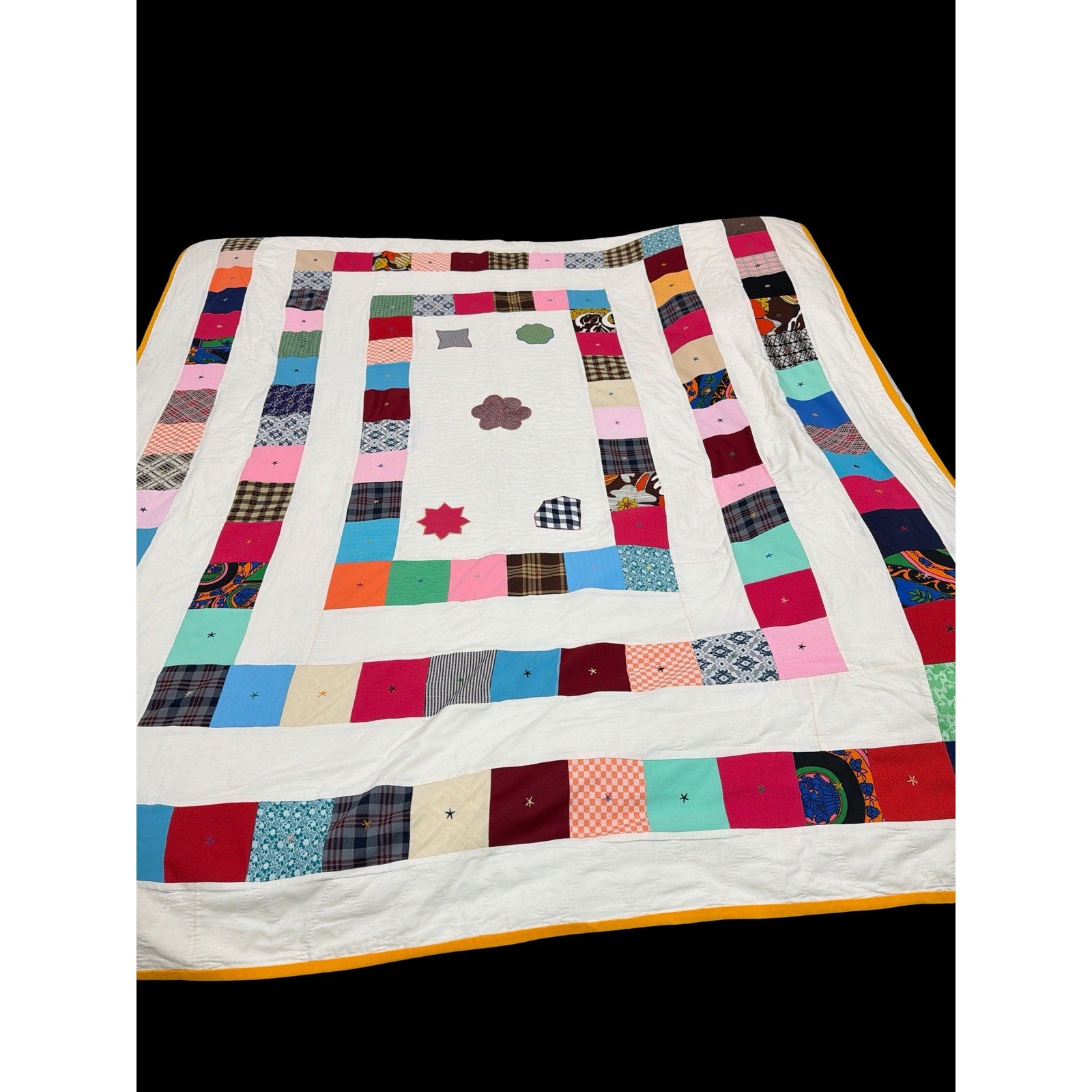 Vintage Handmade Folk Art Patchwork Quilt Hand Quilted Memory Quilt Scrap Textile Cottagecore Decor 68x84