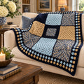Handmade Crochet Patchwork Afghan Blanket Navy Blue Tan 45 x 45