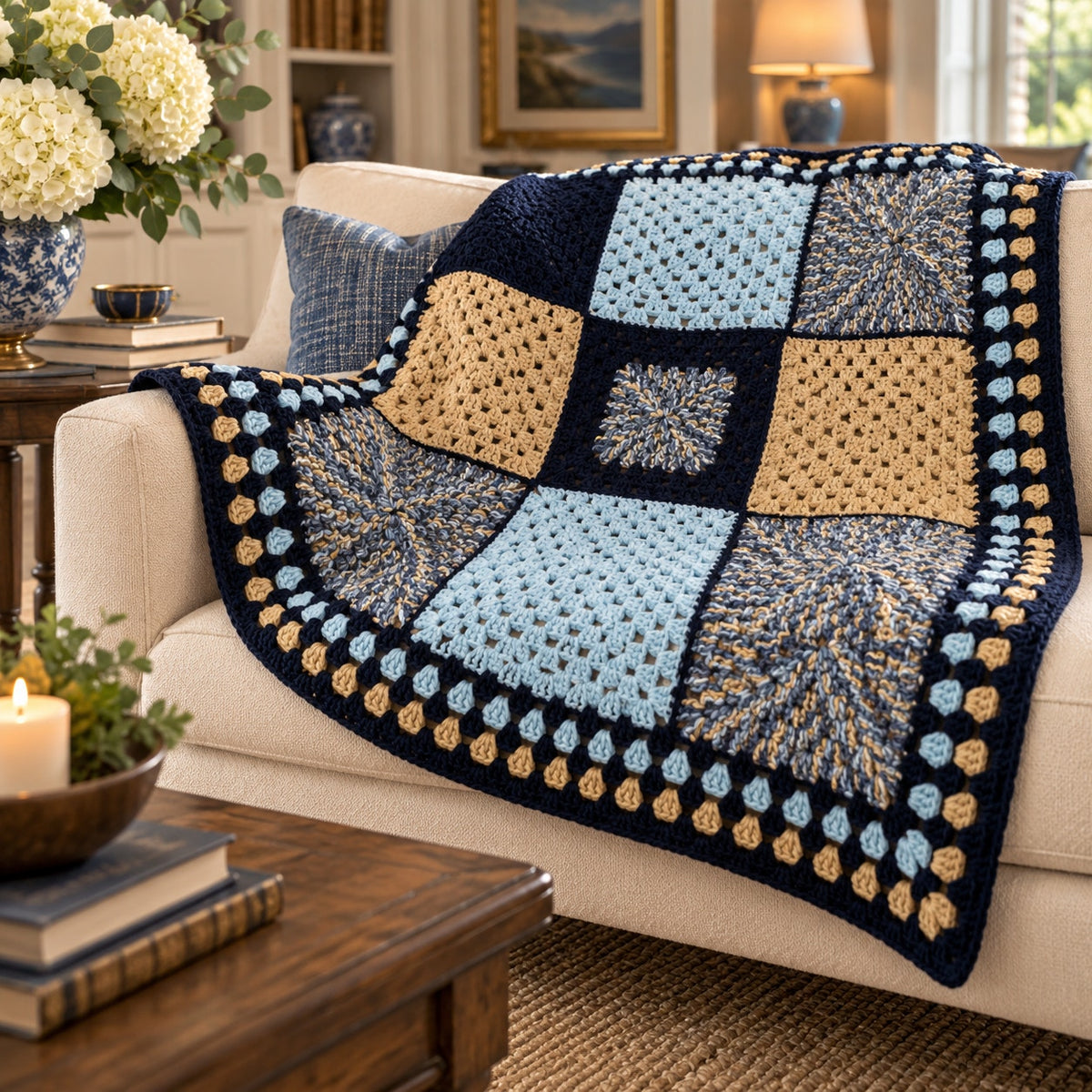 Handmade Crochet Patchwork Afghan Blanket Navy Blue Tan 45 x 45