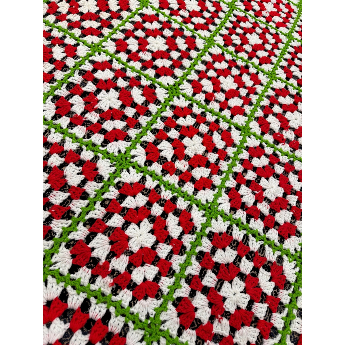 Christmas Crochet Afghan Red White Lime Green Granny Square Bed Throw 74 x 40