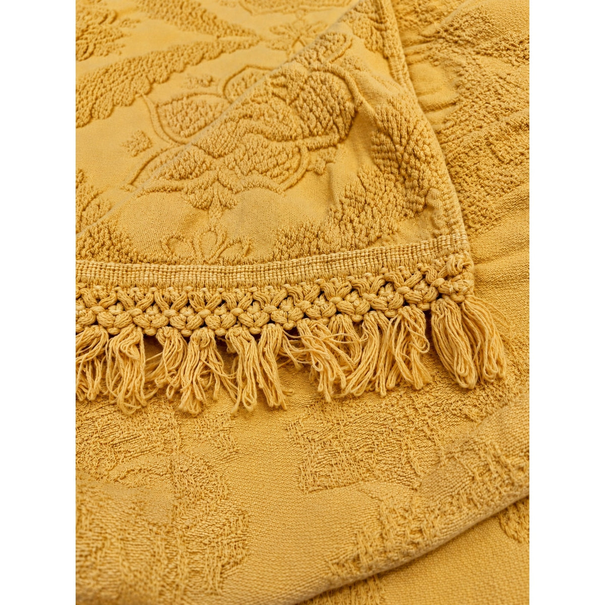 Vintage Morgan-Jones Mustard Yellow Chenille Bedspread Floral Fringe Full 92x108