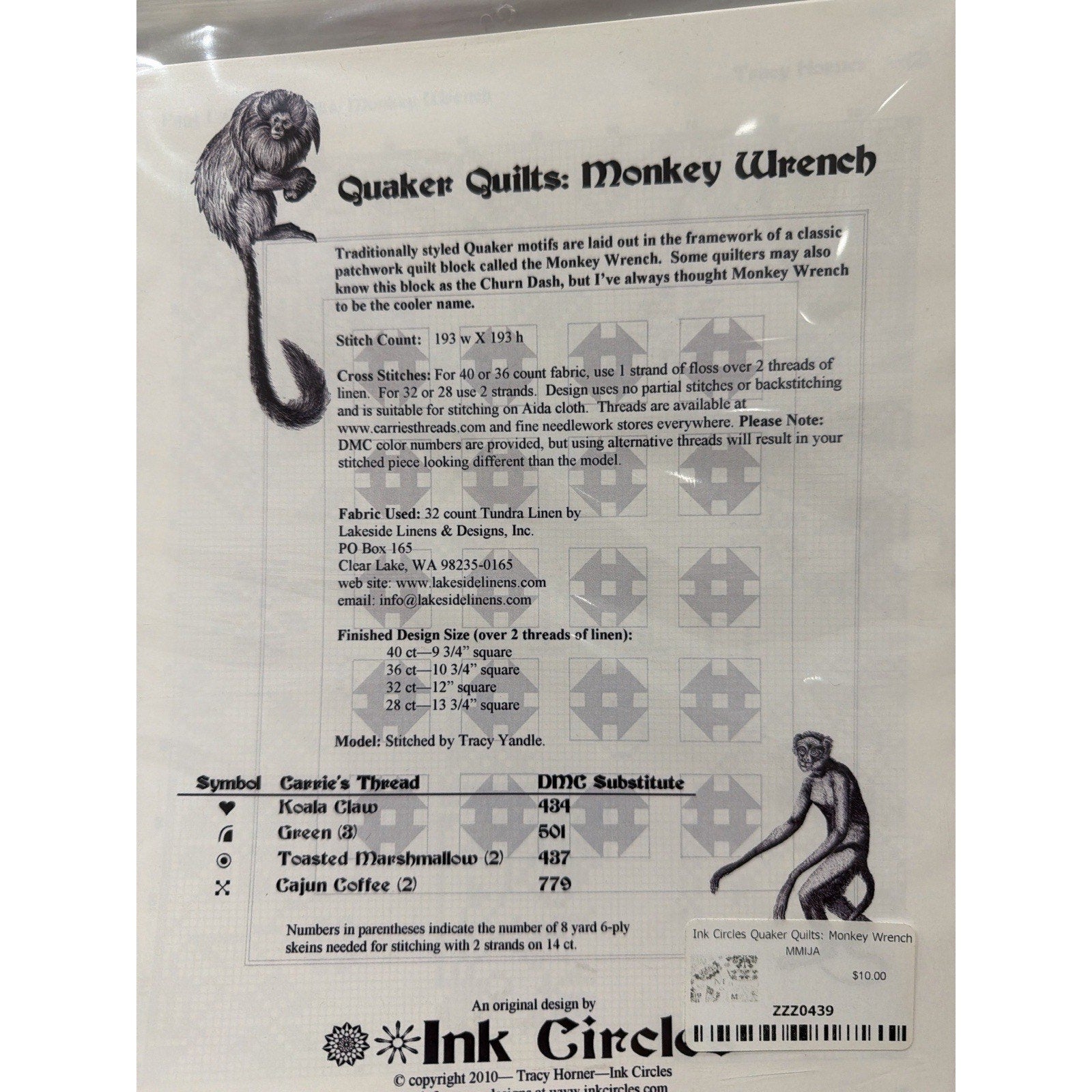 INK CIRCLES Quaker Quilts Monkey Wrench S5 Cross Stitch Pattern