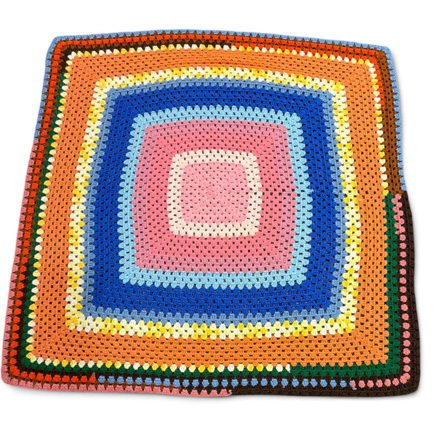 Vintage 1970s Crochet Afghan Handmade Retro Granny Square Lap Blanket 39"