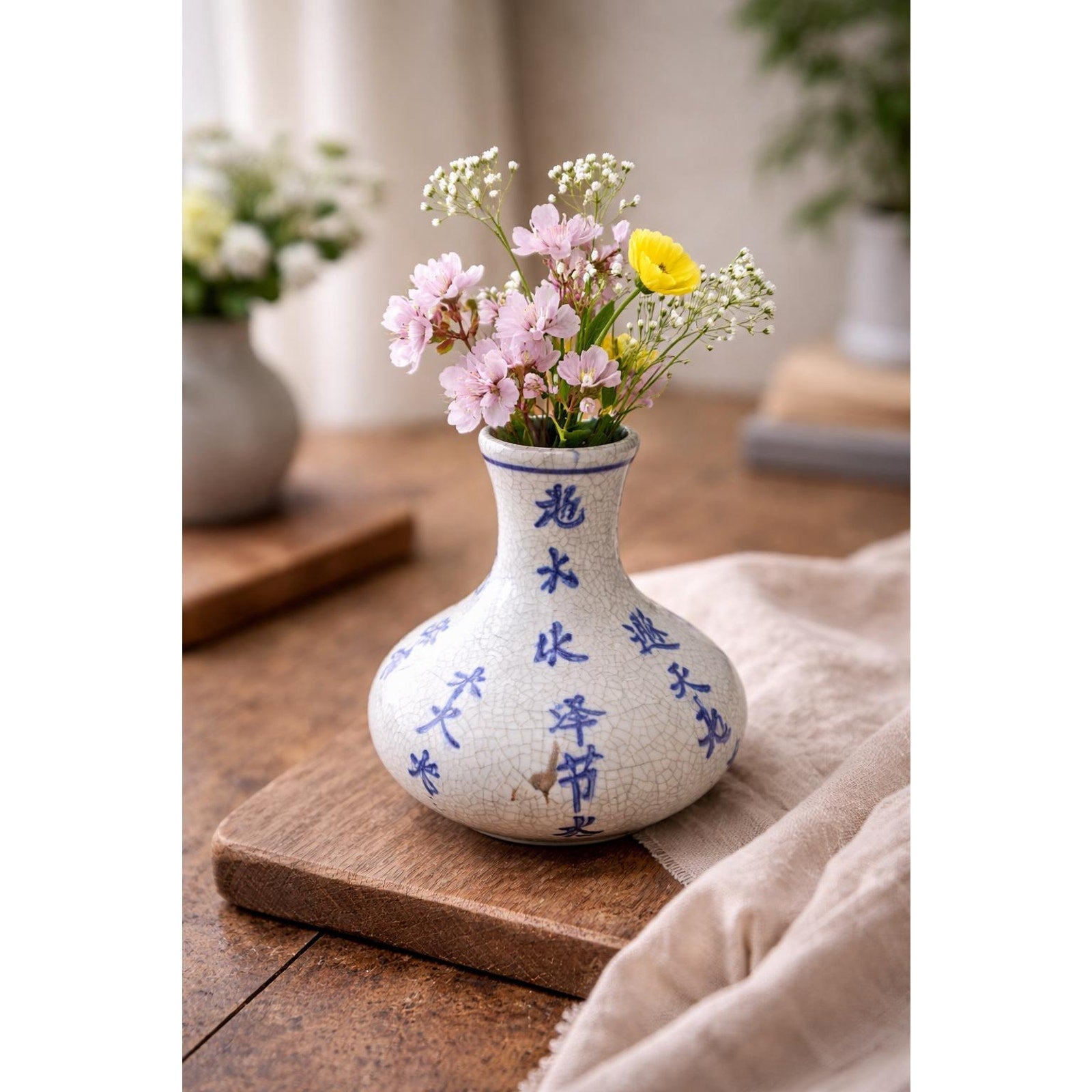 Blue White Chinoiserie Bud Vase Crackle Glaze Small Vintage Style Decor