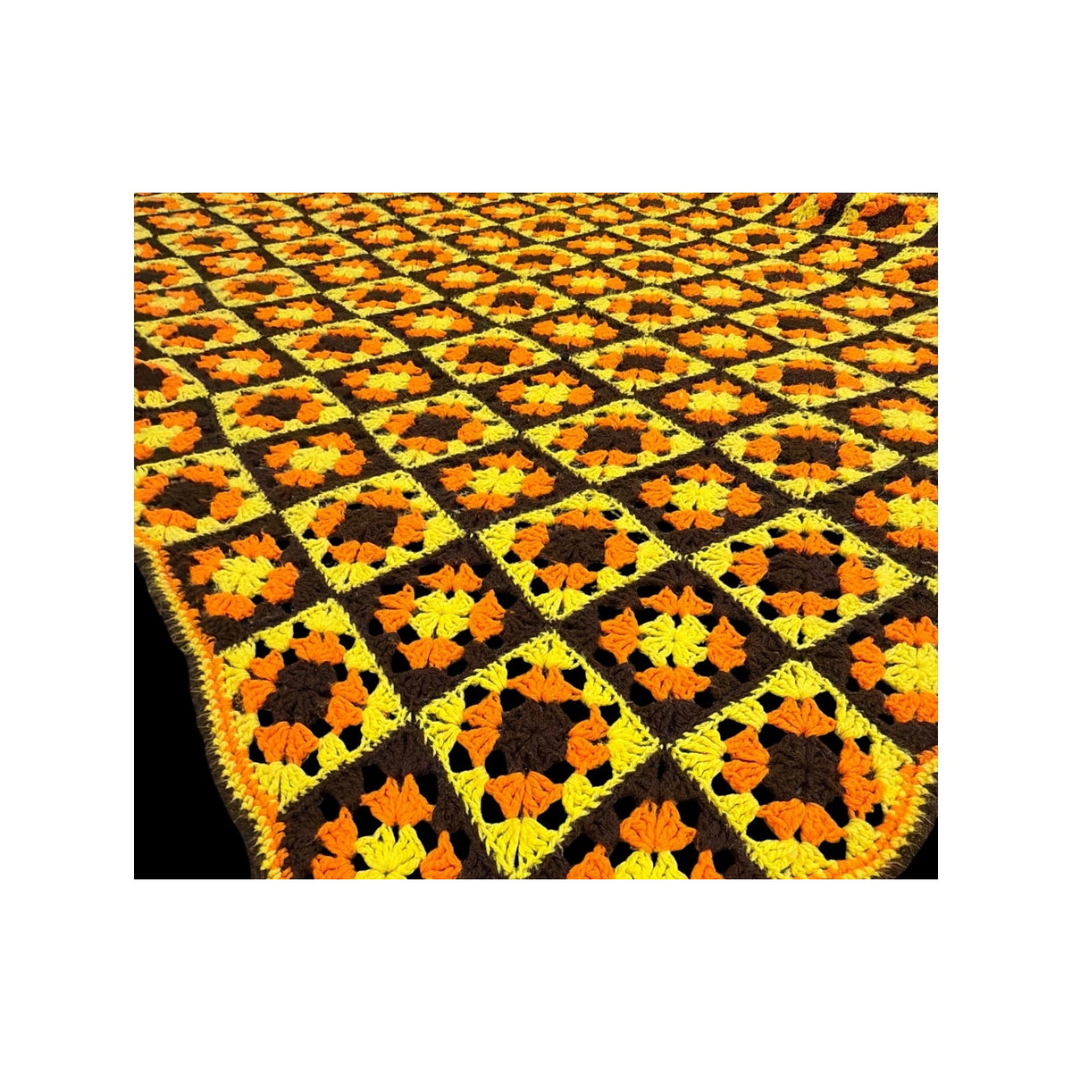 Vintage 1970s Granny Square Afghan Orange Brown Yellow Crochet 72 x 52