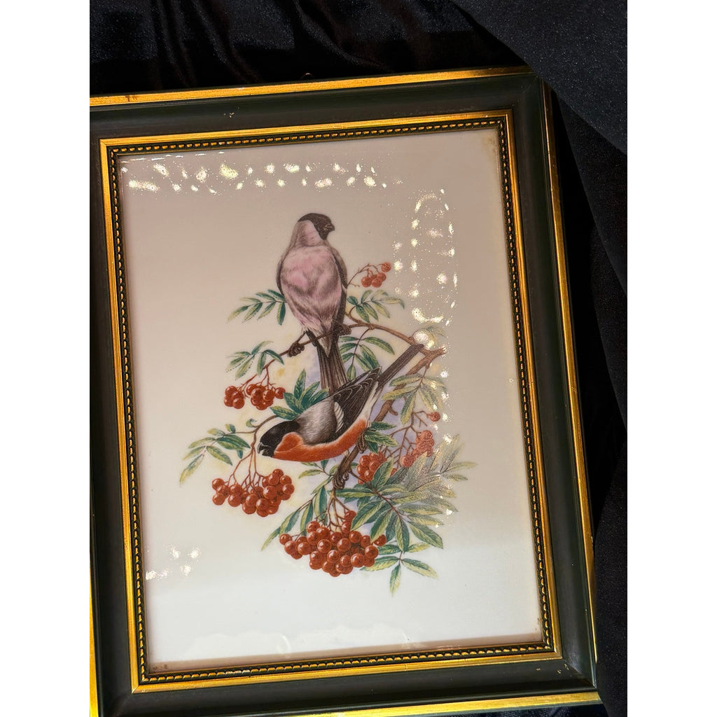 Vintage Heinrich Germany Framed Porcelain Bird Tile Wall Art Pair