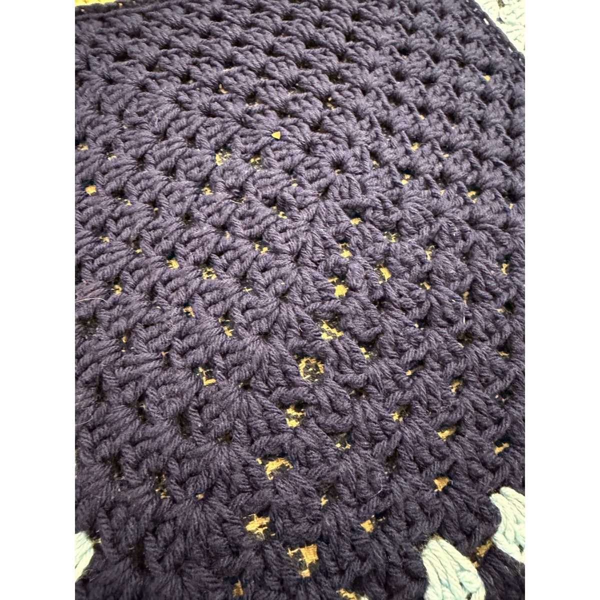 Handmade Crochet Patchwork Afghan Blanket Navy Blue Tan 45 x 45