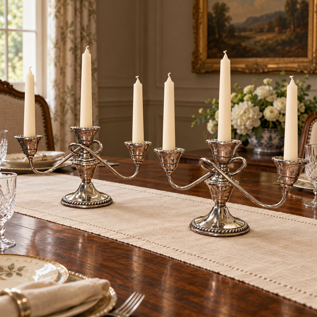 Sterling Silver Candelabra Pair Cornwell Three Light Scroll Arm Candle Holders