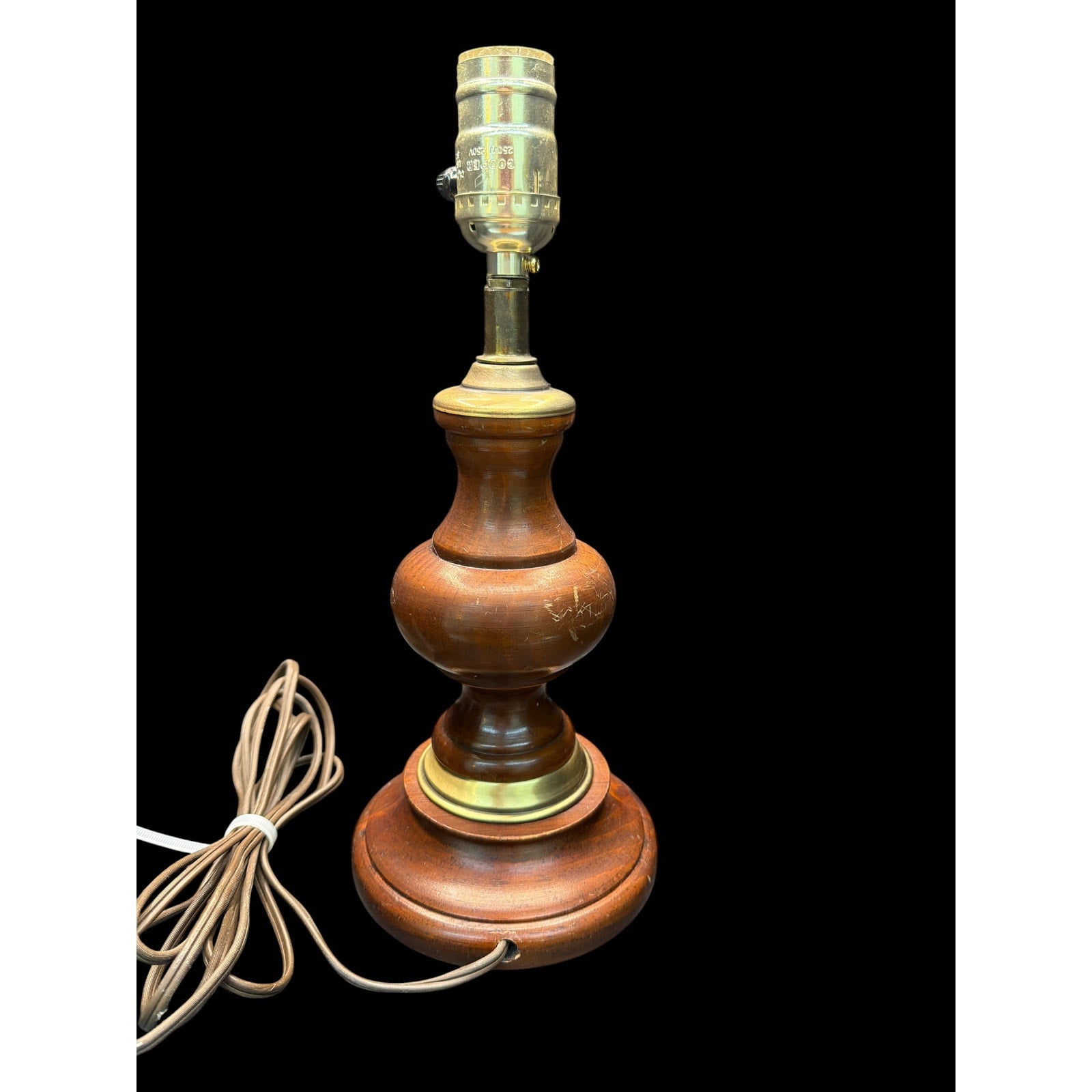 Vintage Turned Wood & Brass Table Lamp, Colonial Style Accent Desk Lamp
