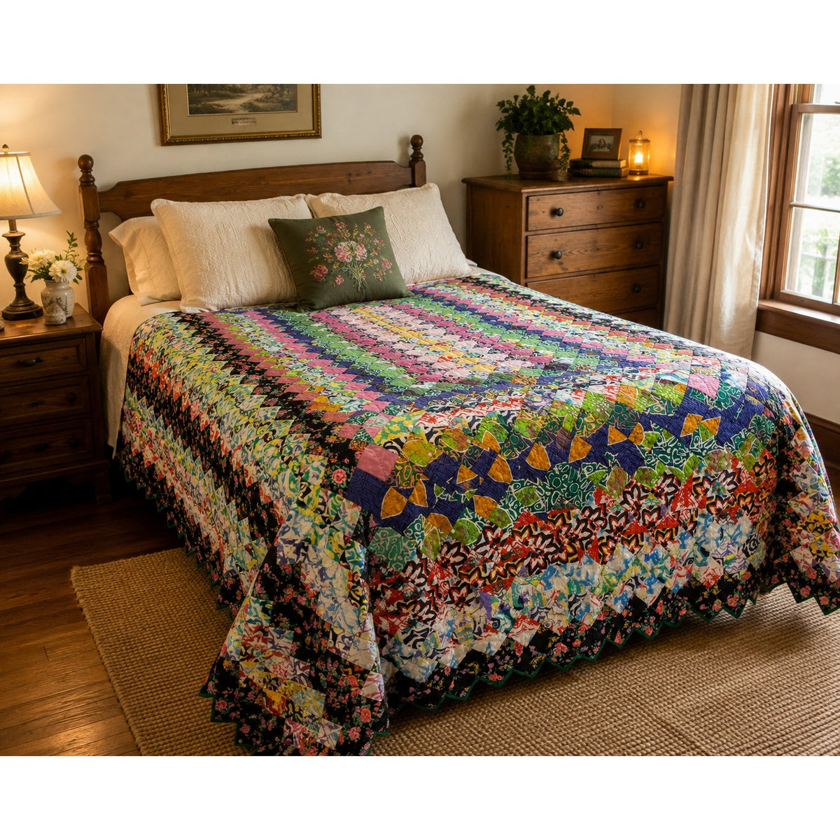 Vintage Hand Quilted Patchwork Quilt Ruby South Sawtooth Edge 106" x 75" – main view