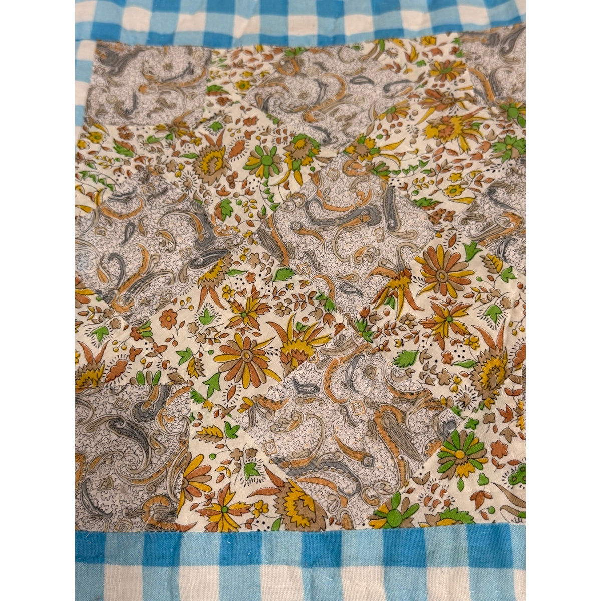 Vintage Hand Quilted 20-Piece Nine Patch Quilt Blue Gingham 66 x 77 – additional view 9
