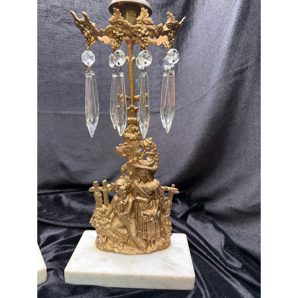 Antique Victorian Figural Girandole Candlesticks Pair Marble Crystal Prisms