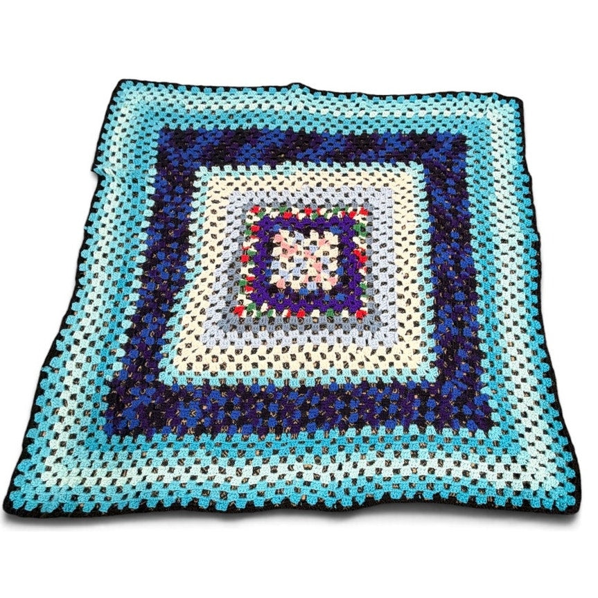 Vintage Crochet Afghan Blue Butterfly Granny Square Lap Throw 40 x 40