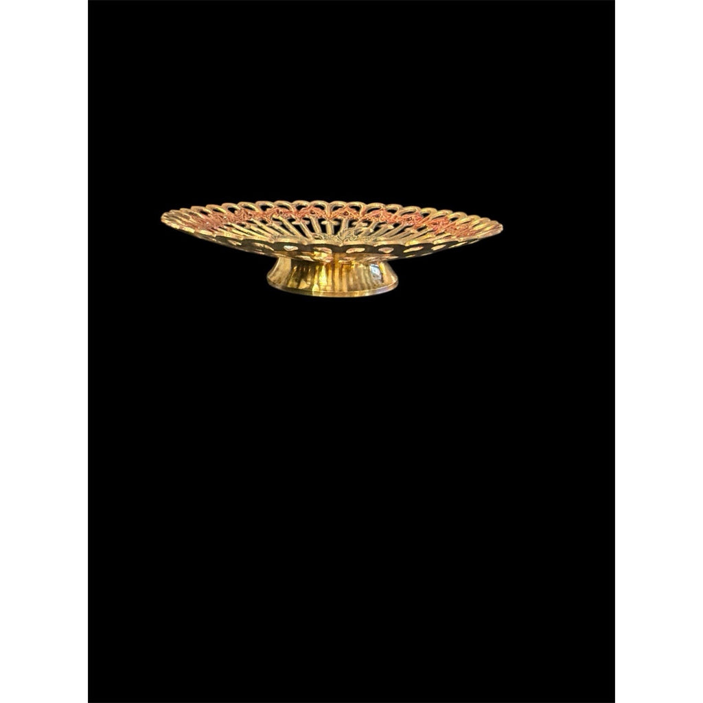 Vintage Solid Brass Pedestal Dish Enamel Floral India Trinket Bowl
