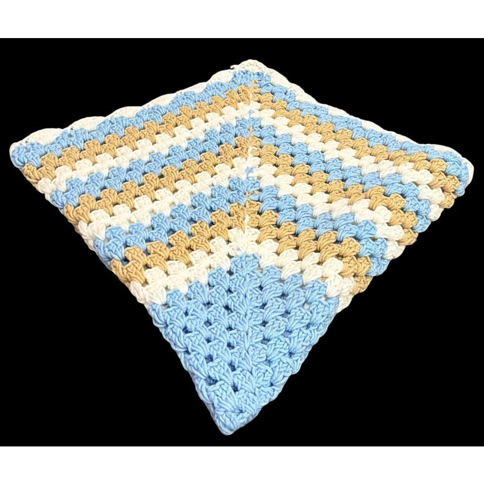 Vintage Crochet Baby Blanket Bluebird & Honey Blue Tan Ivory 36" Square