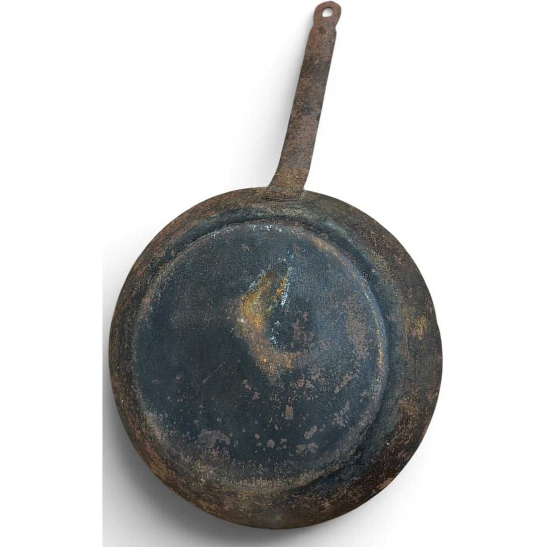 Antique Primitive Steel Skillet Large Riveted Long Handle Frying Pan c 1900