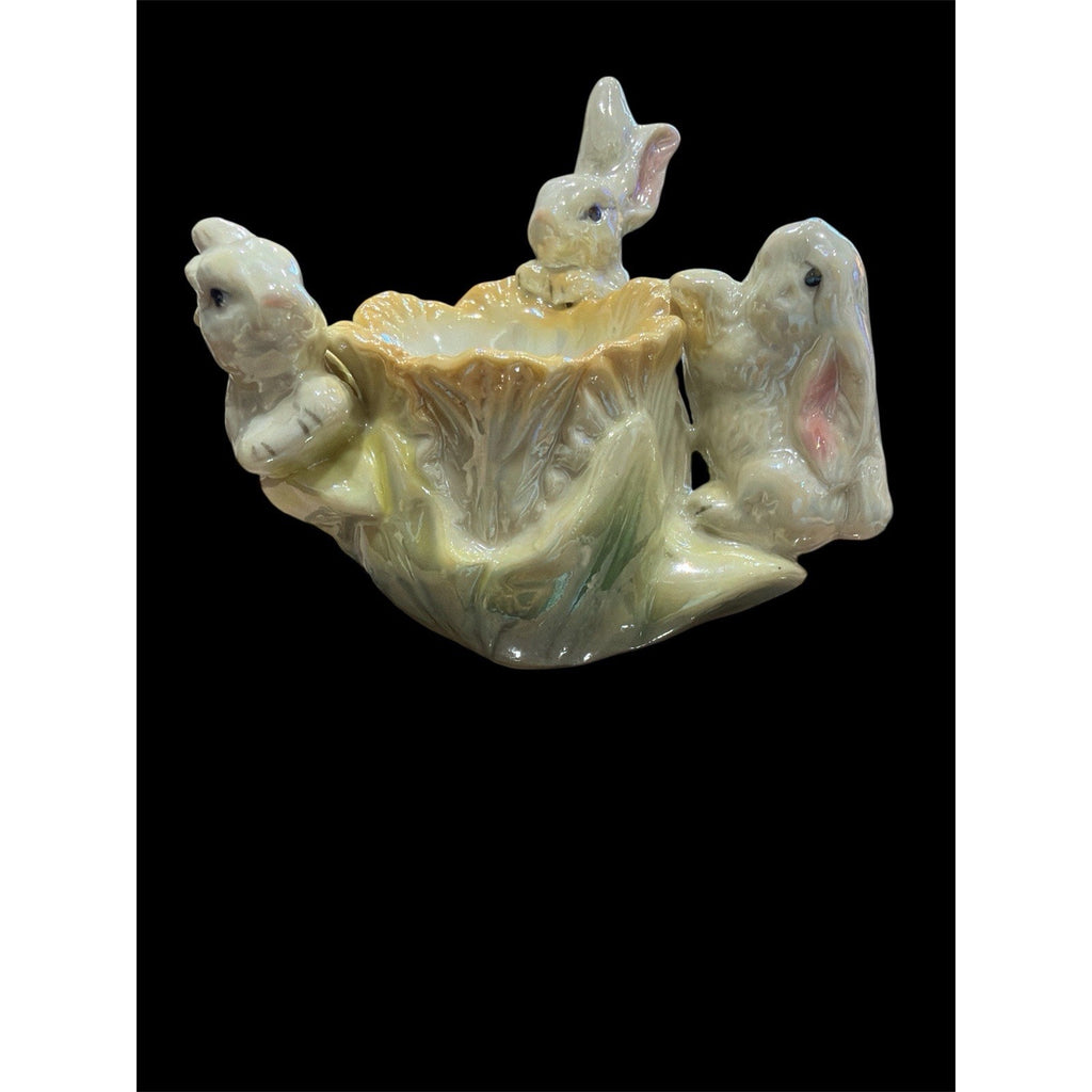 Vintage Ceramic Bunny Basket Planter Pearlized Easter Rabbit Candy Dish