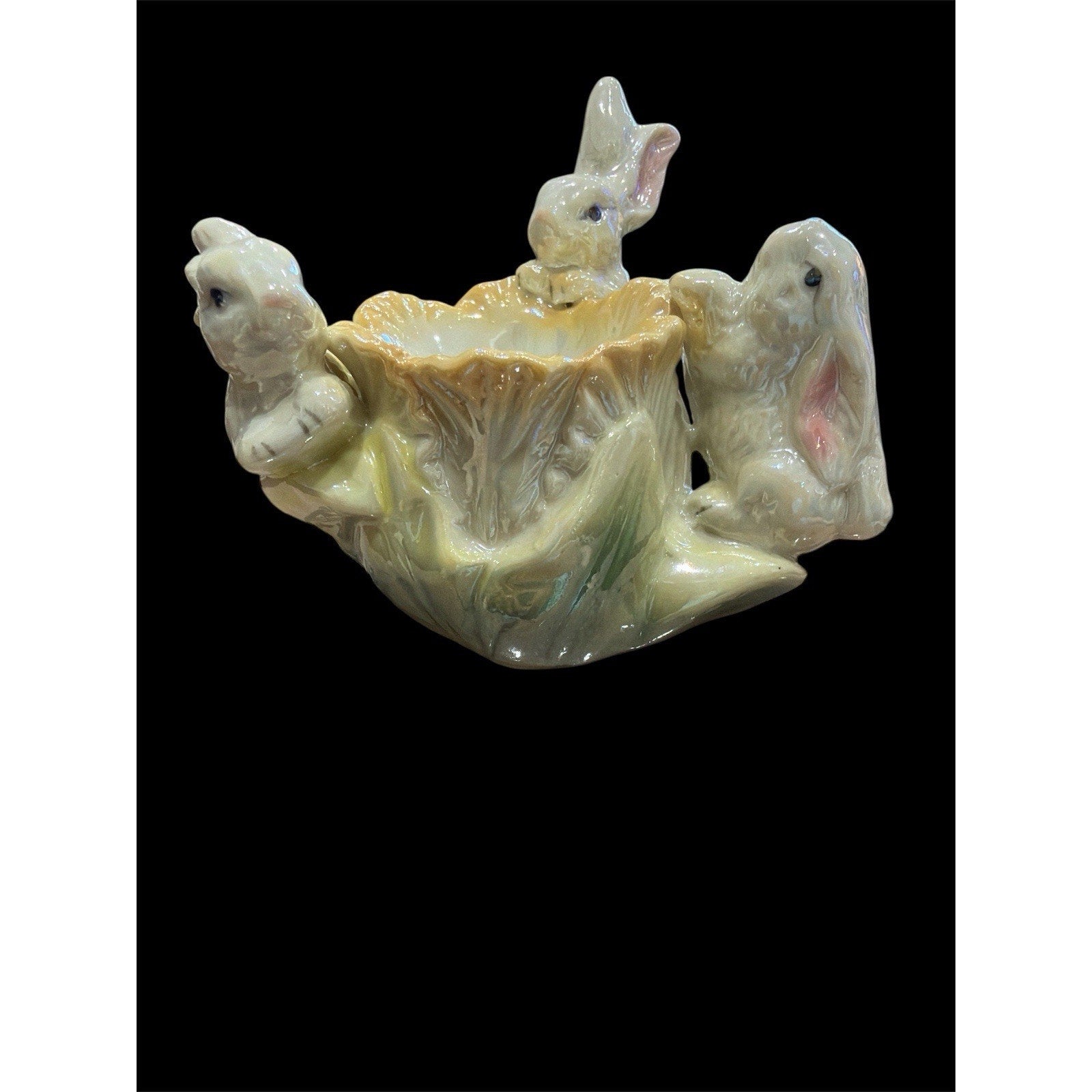 Vintage Ceramic Bunny Basket Planter Pearlized Easter Rabbit Candy Dish