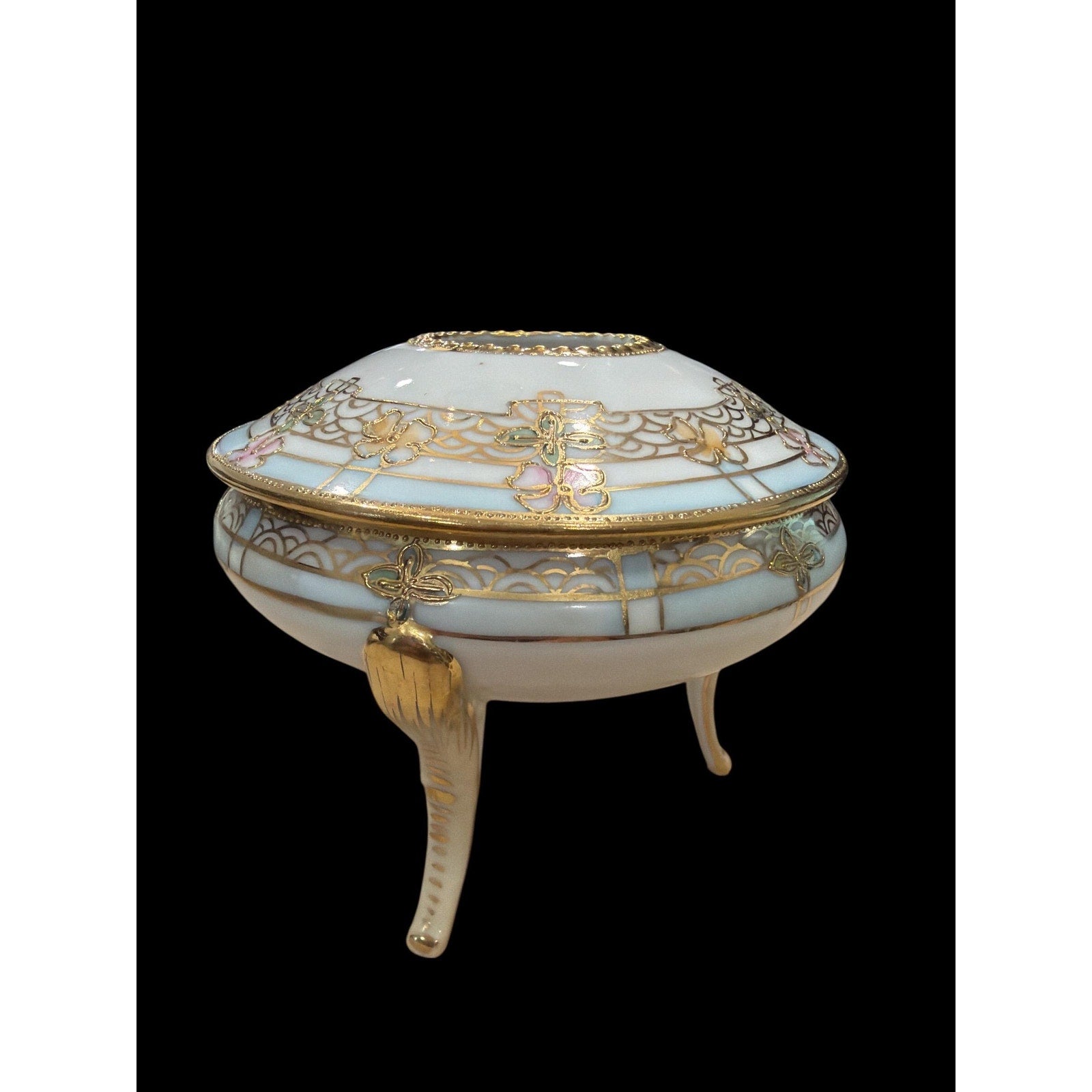 Antique Hand Painted Nippon Porcelain Vanity Jar: Gold Floral Trinket Box