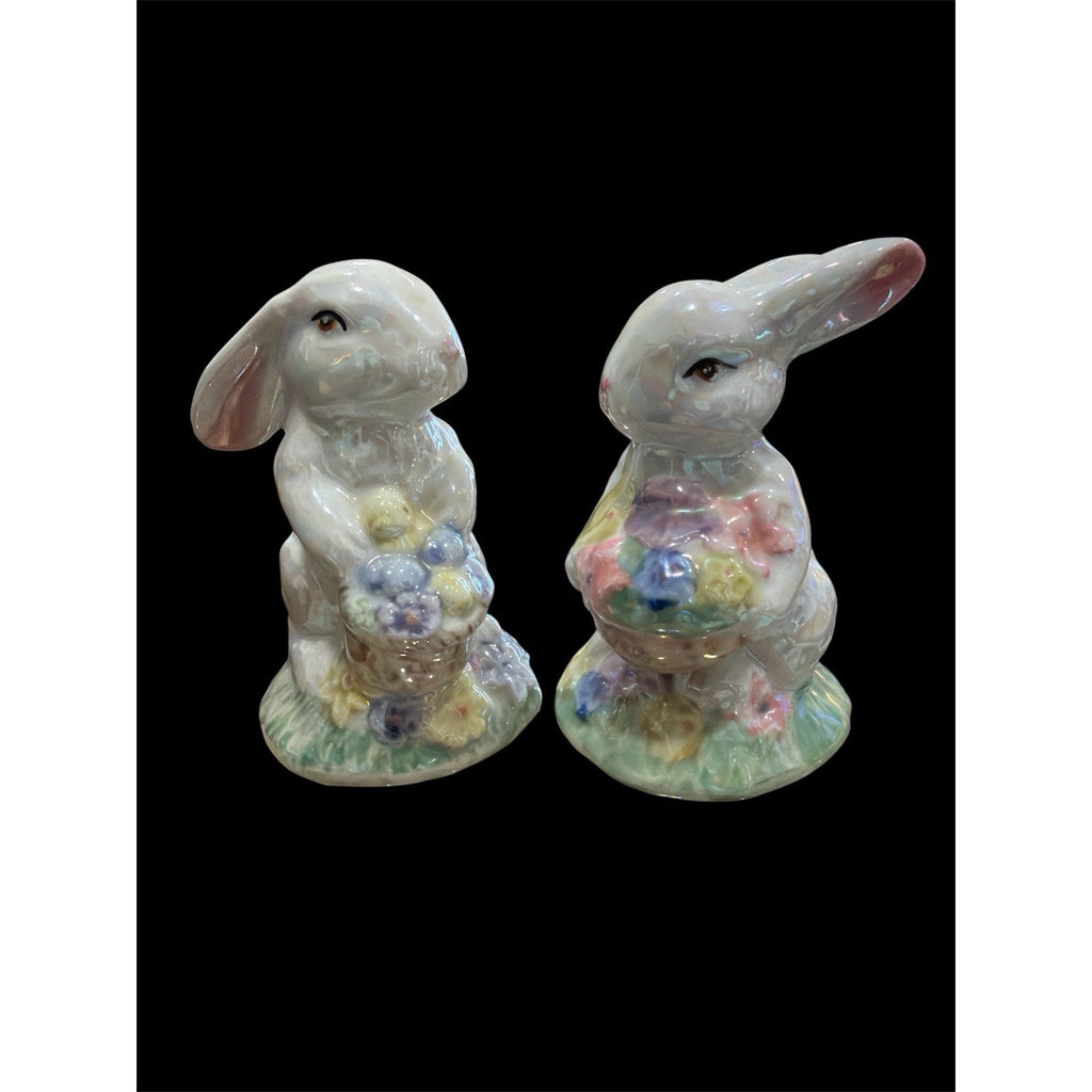 Vintage Lusterware Bunny Figurines Pair Ceramic Easter Rabbits with Flowers