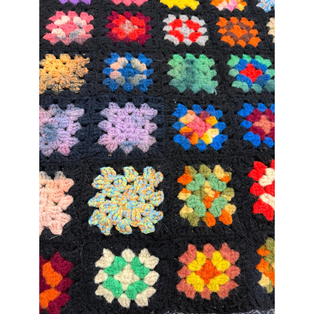 Vintage Handmade Granny Square Afghan Throw Black Crochet Blanket 78 x 52