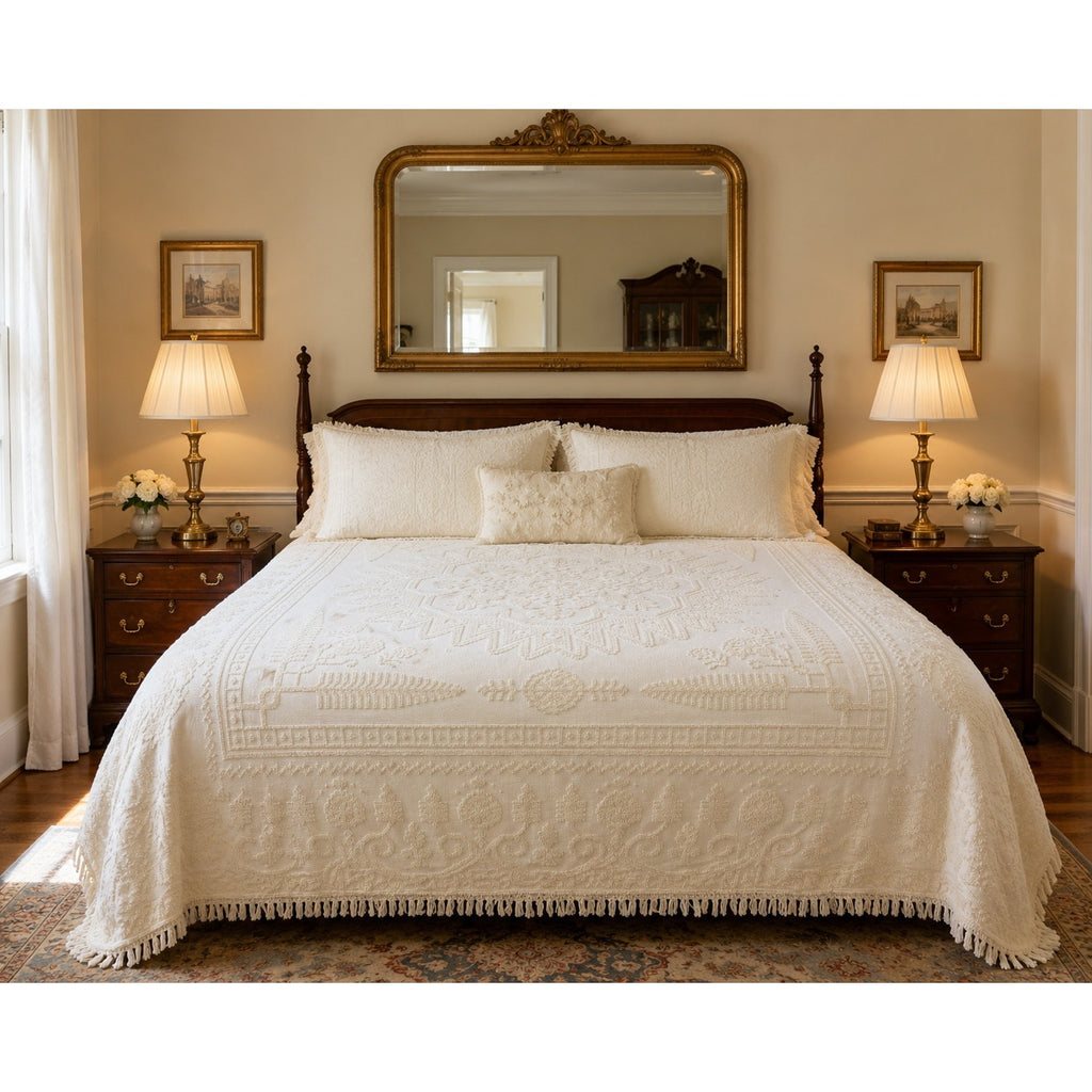 Vintage Sears Ivory Chenille Bedspread King 100x122 Cotton Fringe Medallion