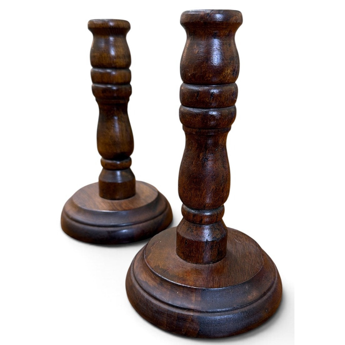 Vintage Turned Wood Candlesticks Pair Primitive Early American 7 Inch – additional view 4