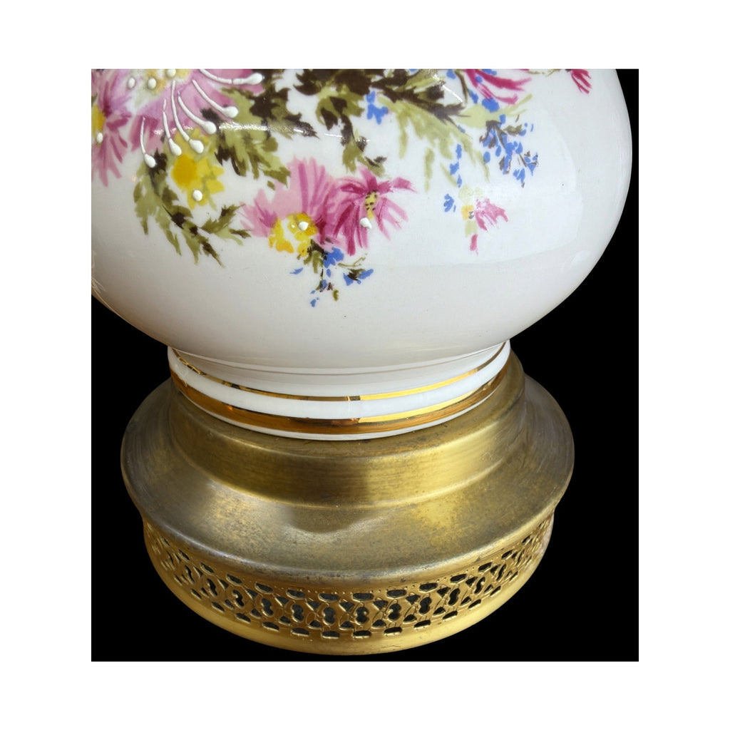Vintage Floral Milk Glass Table Lamp Brass Base Cottage Bedroom Lighting
