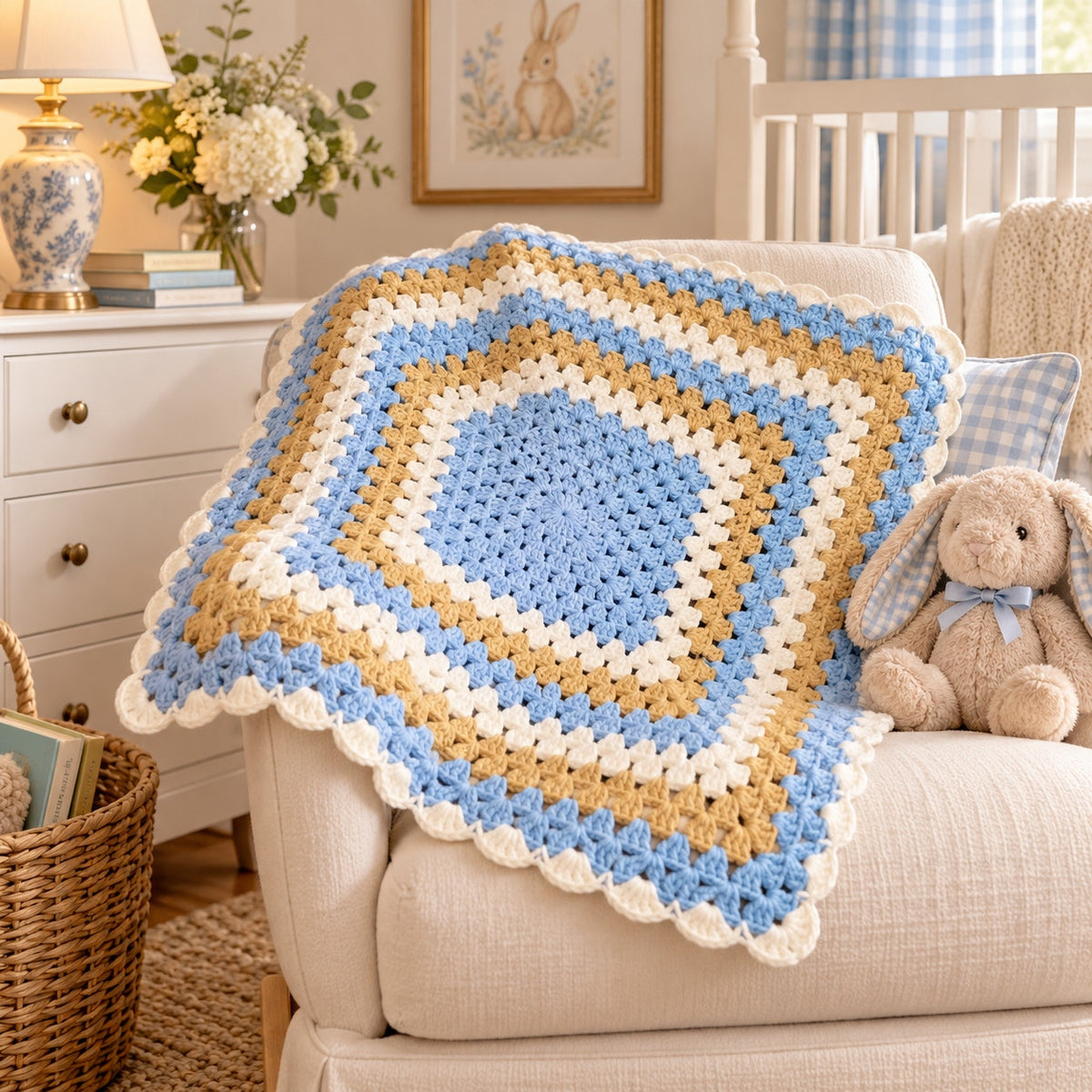 Vintage blue tan and ivory crochet baby blanket, 36 inches square