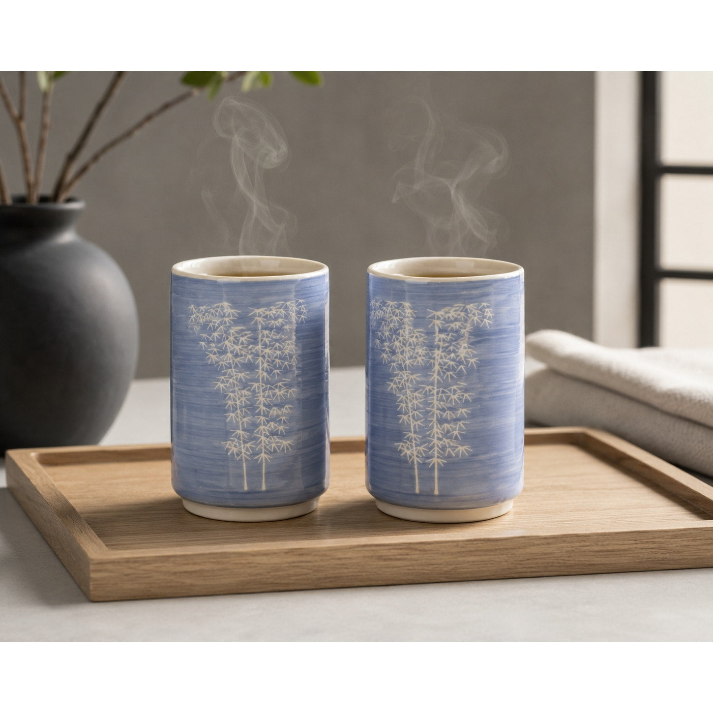 Vintage Japanese Sake Cups Pair, Blue Bamboo Yunomi Tea Cups, Mid Century Japanese Pottery, Japandi Decor, Ceramic Drinkware