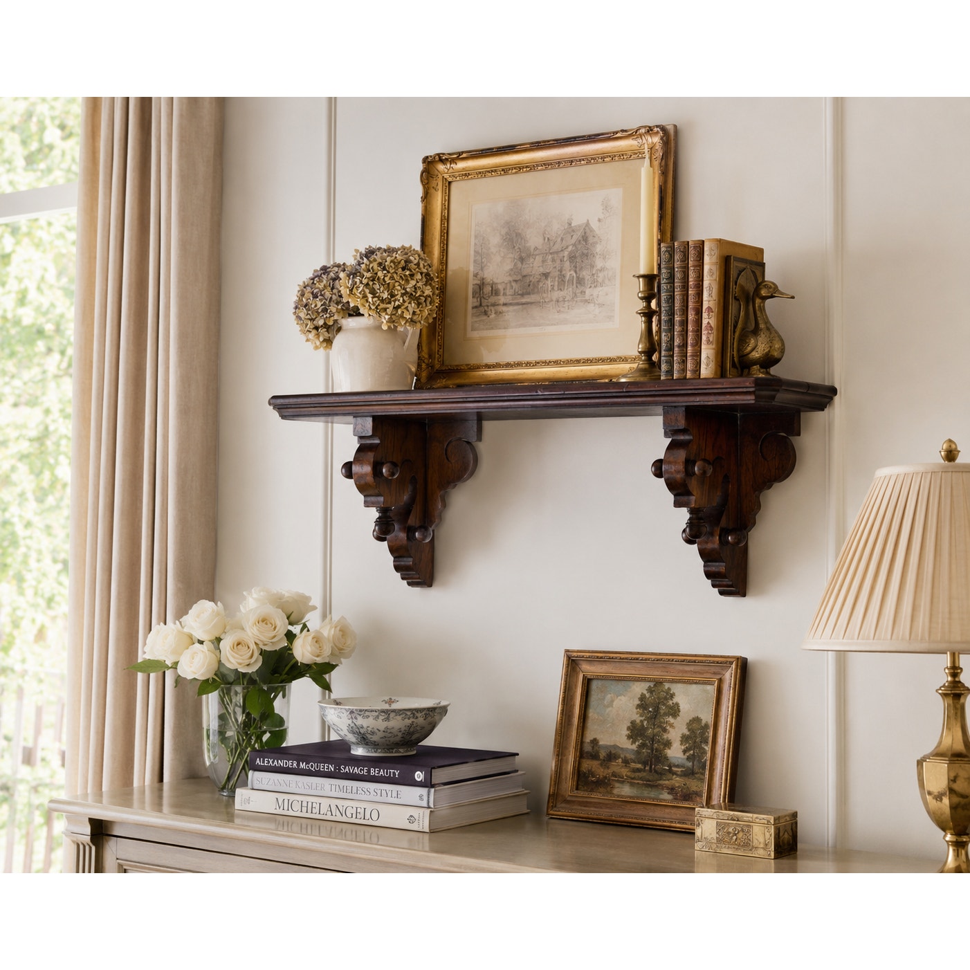 Vintage Solid Wood Plate Display Shelf with Carved Corbels, Colonial Revival