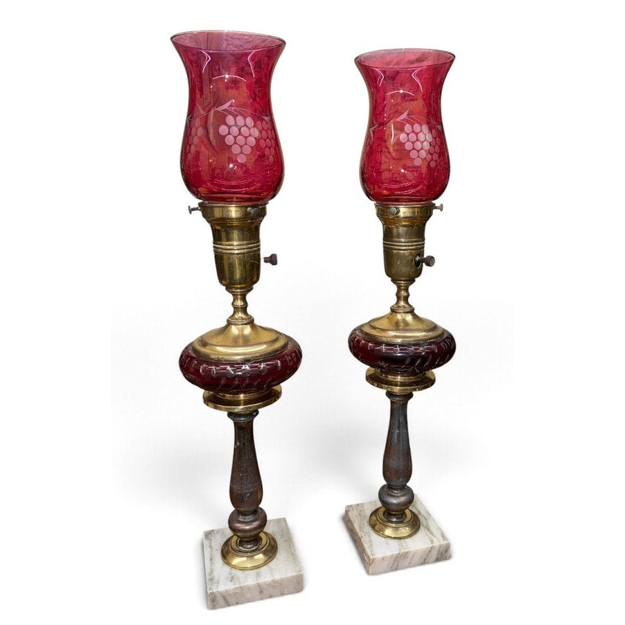 Pair Antique Victorian Ruby Cut Glass Lamps Brass Marble Bases 21.5"