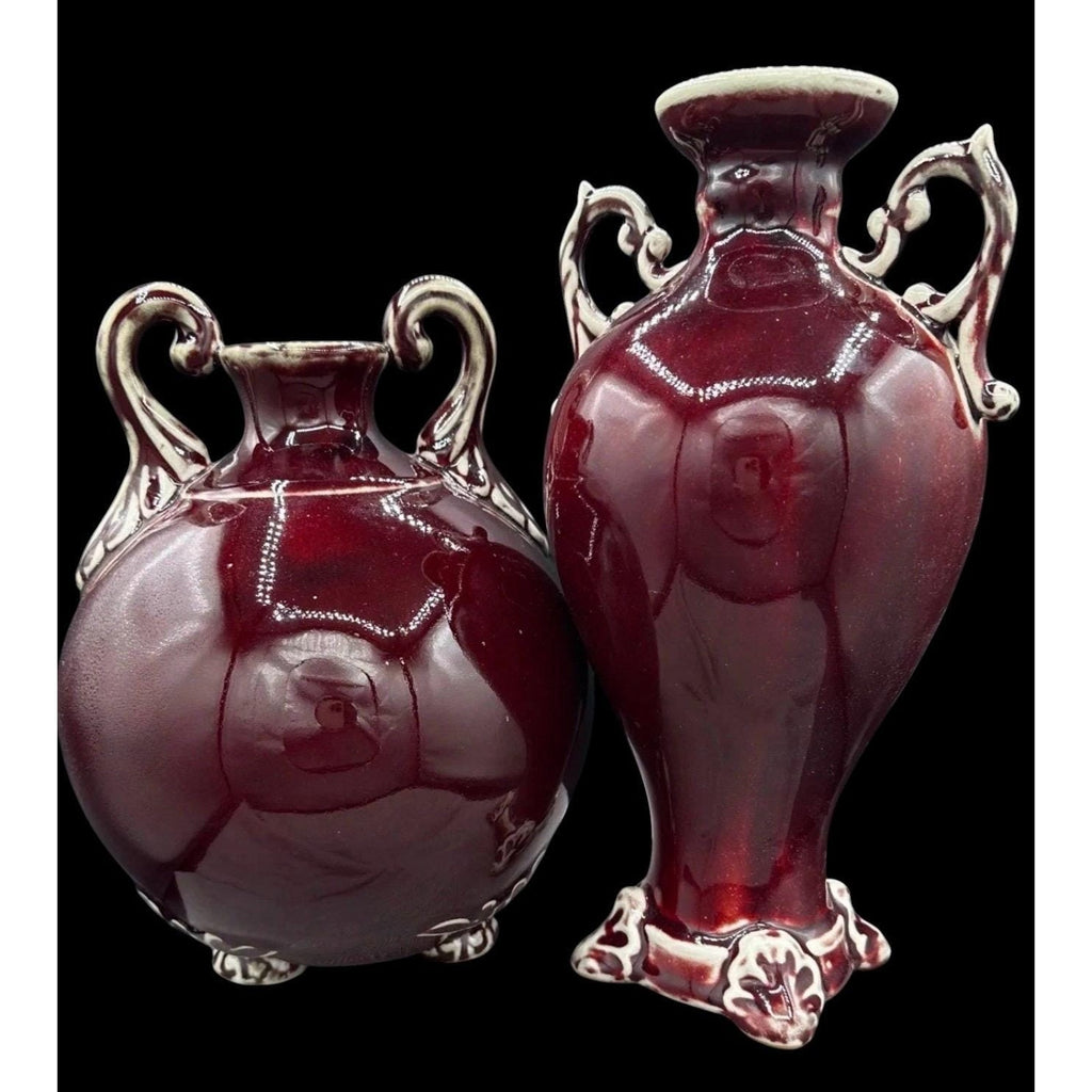 Oxblood Flambé Urn Pair: Hollywood Regency Red Ceramic Vases, Rococo Handles