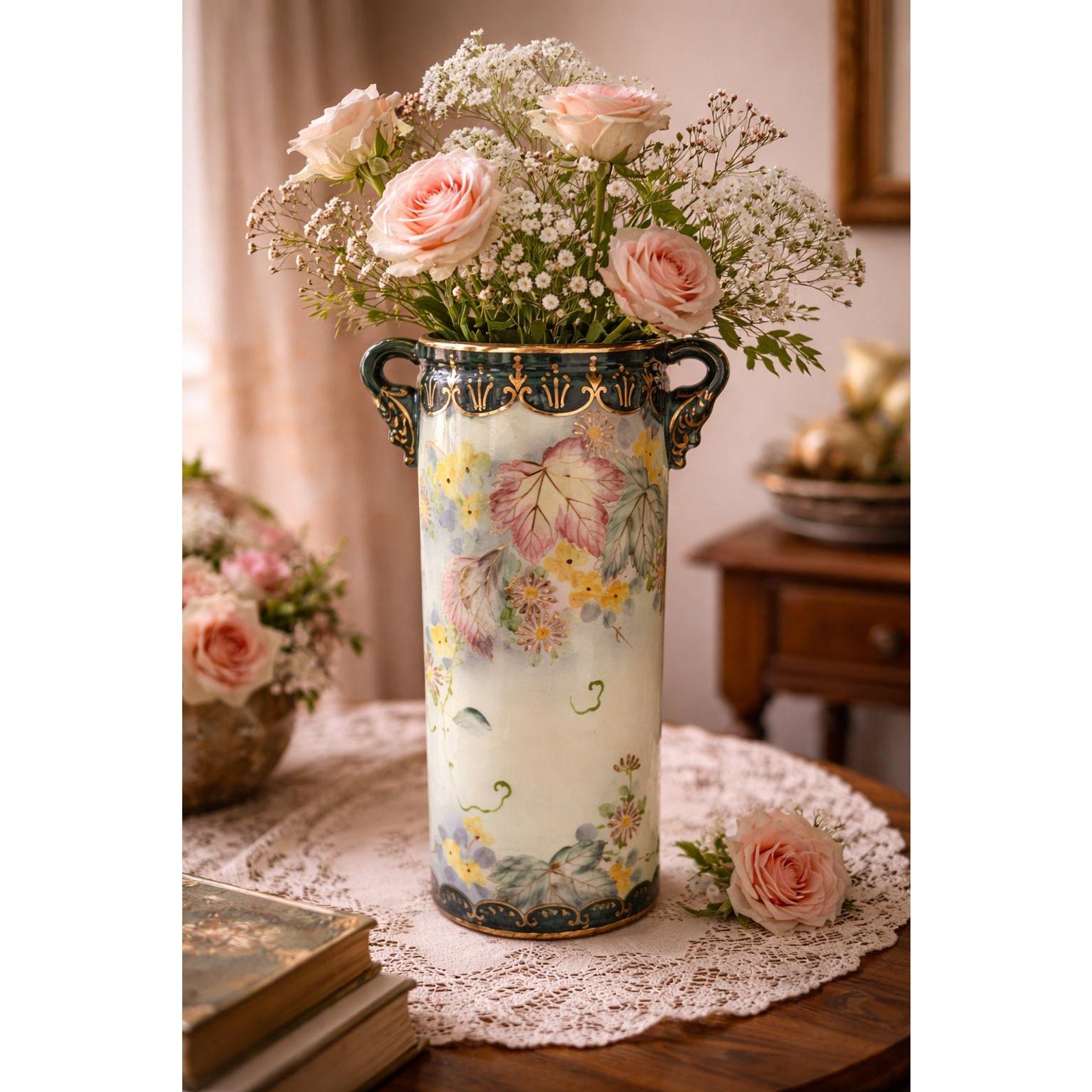 Antique Yoshino Hand Painted Vase Art Nouveau Floral Gold Gilt Porcelain 8.5”