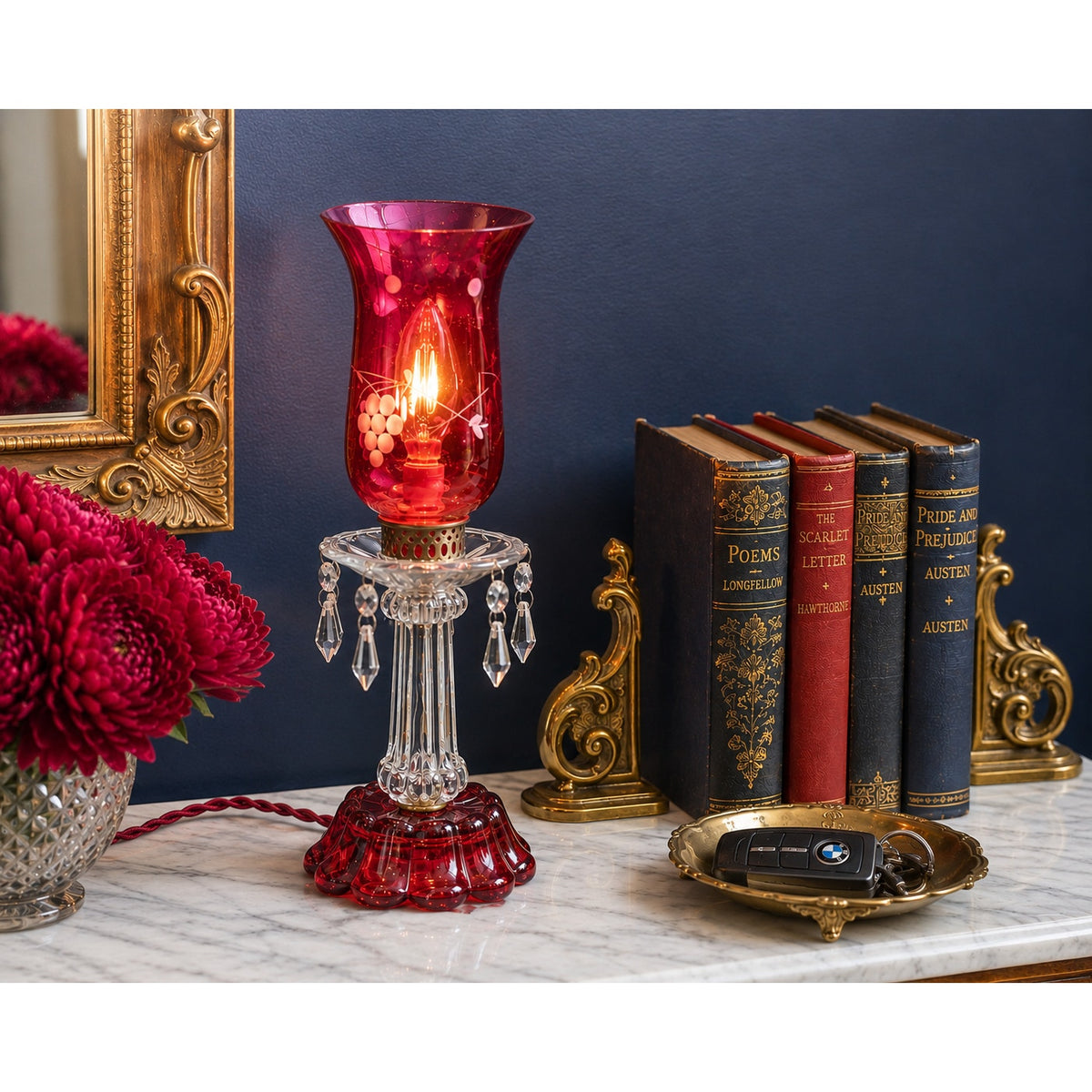 Vintage Cranberry Glass Hurricane Lamp Etched Grapes Crystal Prisms – main view