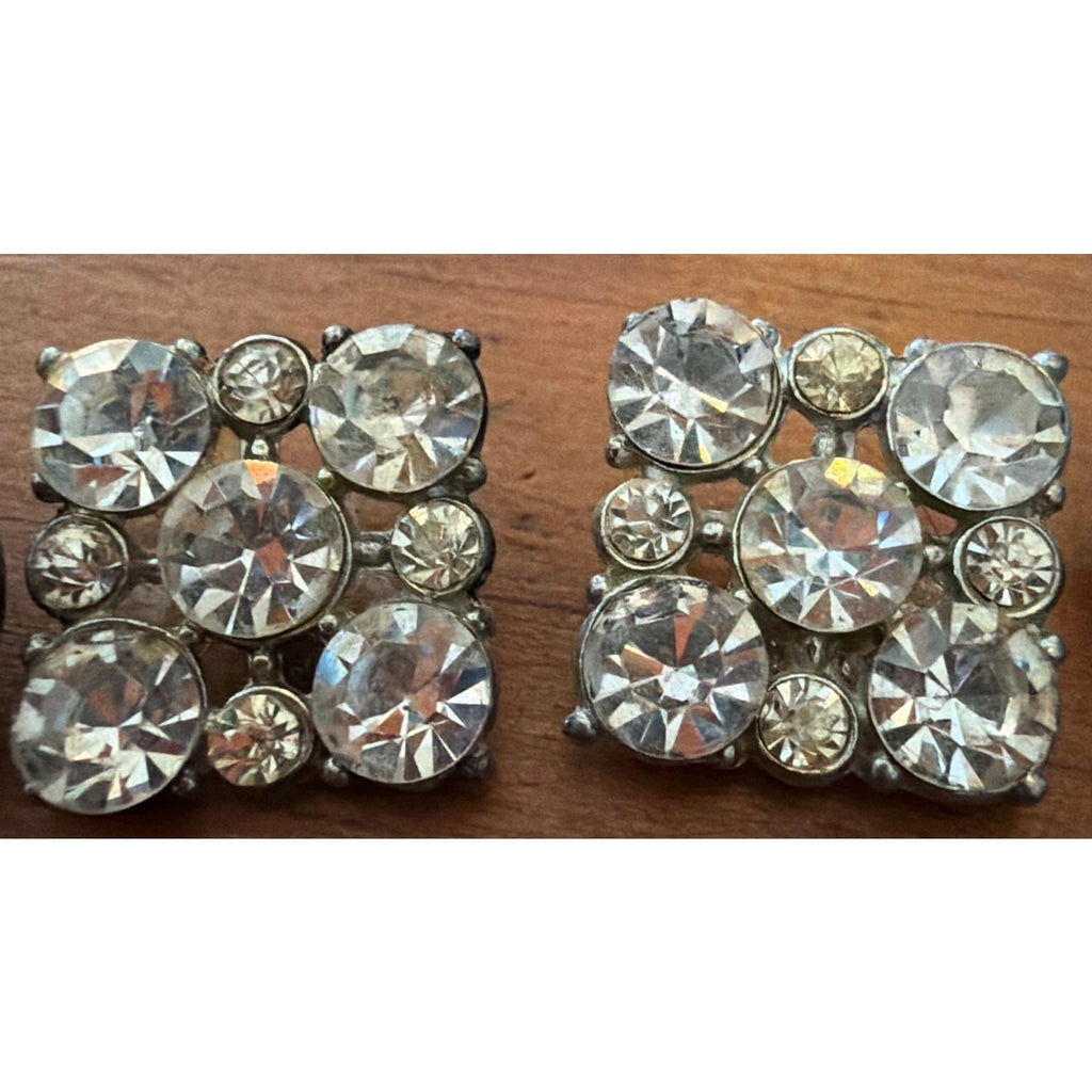 Vintage Rhinestone Buttons Art Deco Square Pair Jewelry Supply Repurpose Findings