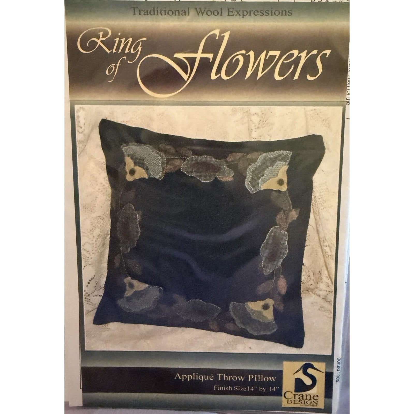 Ring of Flowers Wool Applique Pillow Pattern Crane Design