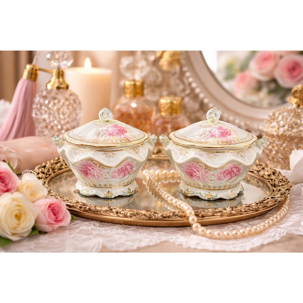 Antique Nippon Lidded Covered Bowls Pair Pink Roses Gold Trim Japan Porcelain