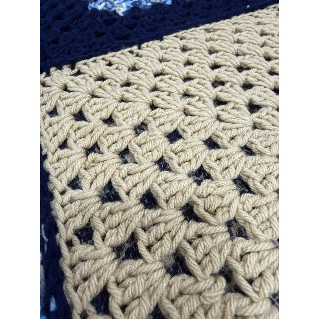 Handmade Crochet Patchwork Afghan Blanket Navy Blue Tan 45 x 45