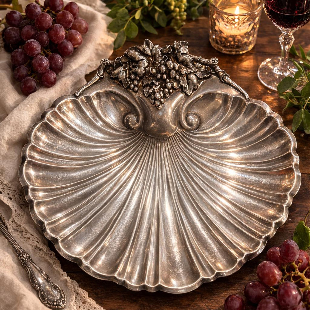 Reed & Barton Shell Platter 16” Silverplate Grape Feet Vintage Serving Tray