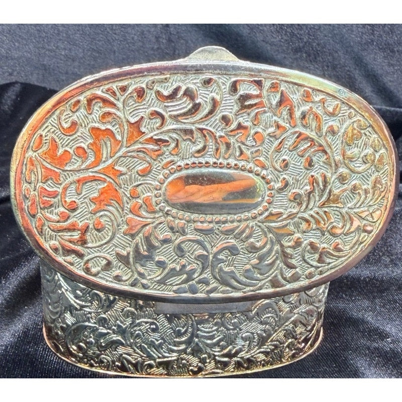 Vintage Silver Tone Jewelry Casket Red Satin Lined Oval Trinket Keepsake Box