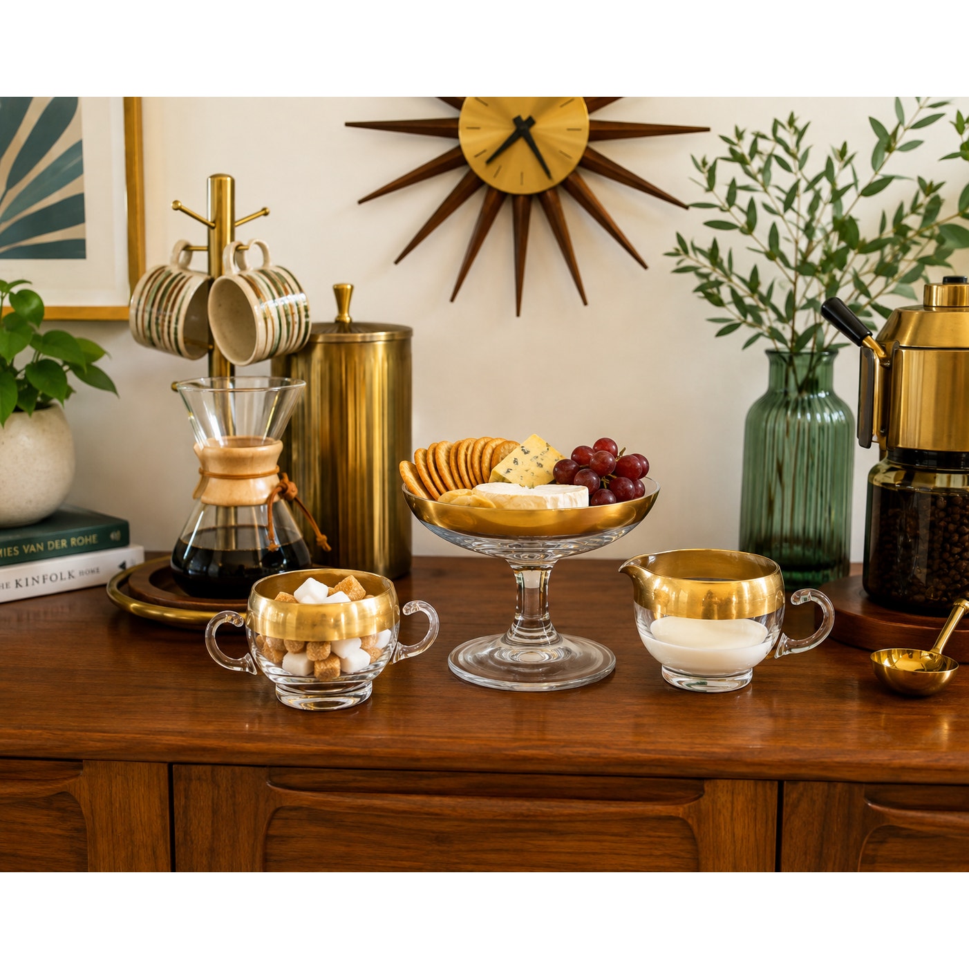 Dorothy Thorpe Golden Band Crystal Cheese & Cracker Compote Creamer Sugar Set