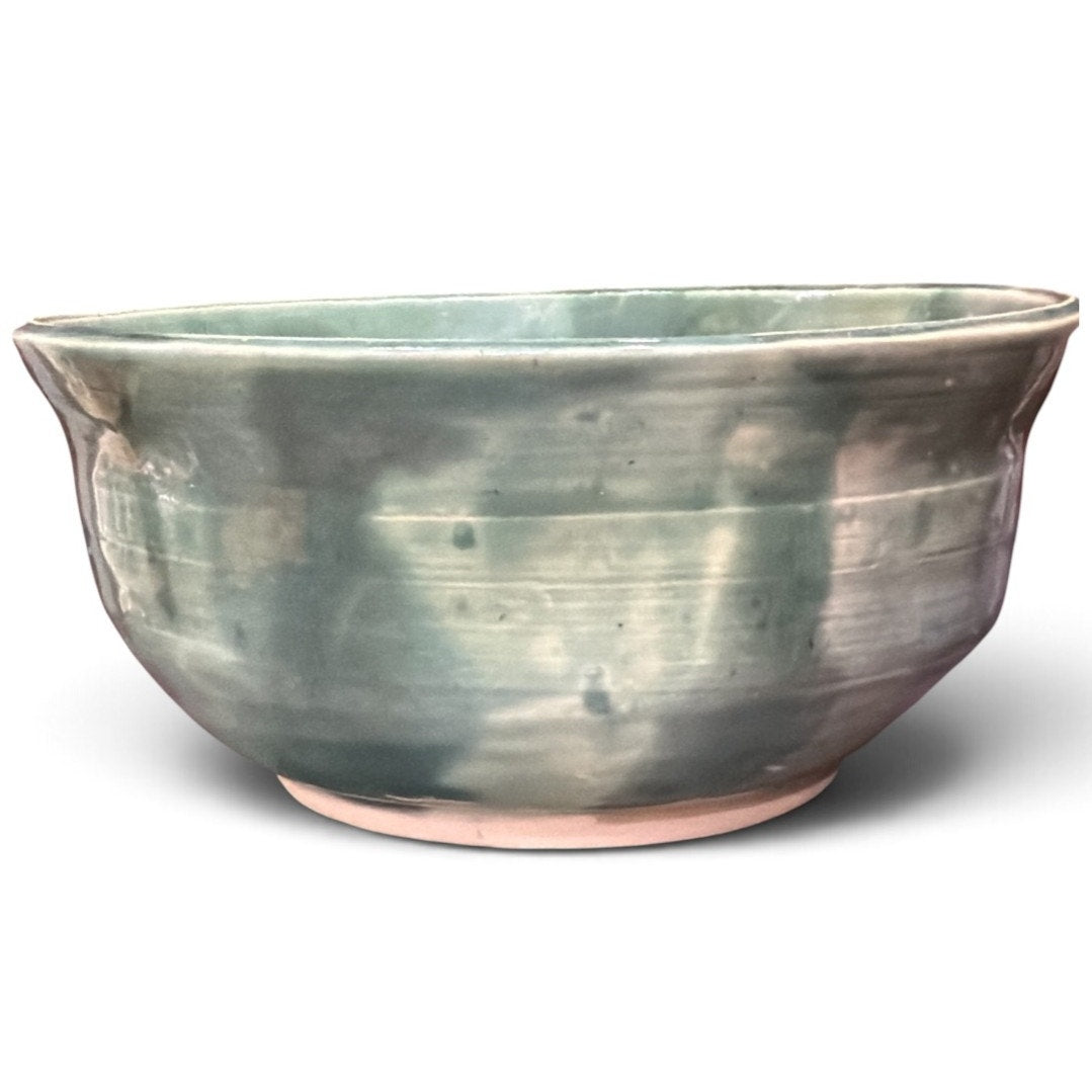 Vintage Studio Pottery Bowl Signed SM Green Blue Glaze Hand Thrown 8.25"