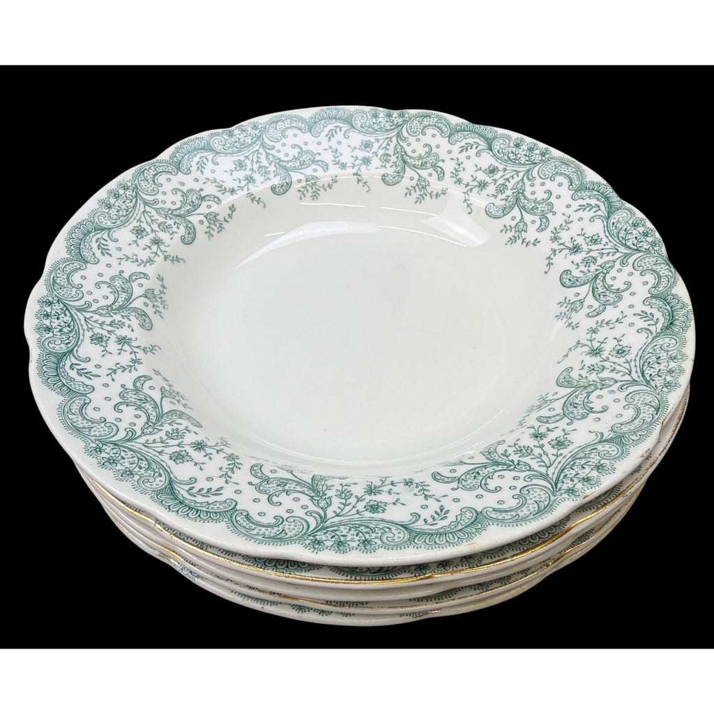 Antique John Maddock Seville Green Transferware Rim Soup Bowls Set of 5
