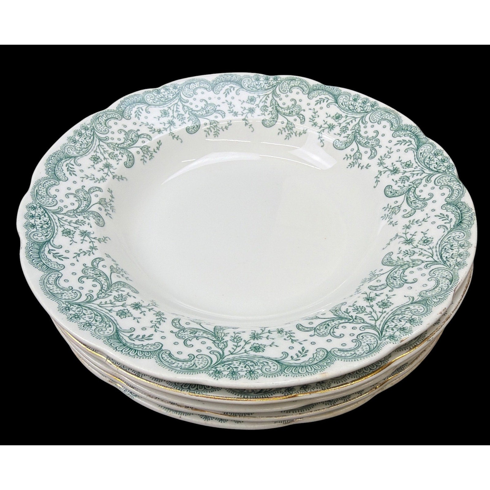 Antique John Maddock Seville Green Transferware Rim Soup Bowls Set of 5
