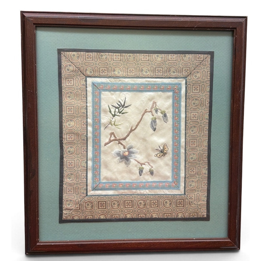 Vintage Chinese Silk Embroidery Framed Butterfly Botanical Textile Art